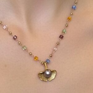 GENUINE FRESH WATER PEARL Multicolor Beaded Necklace with Gold Pendant 16 inch